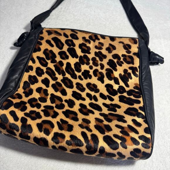 Vintage 80s Leather & Pony Hair Leopard Print Shoulder Bag - Picture 2 of 8